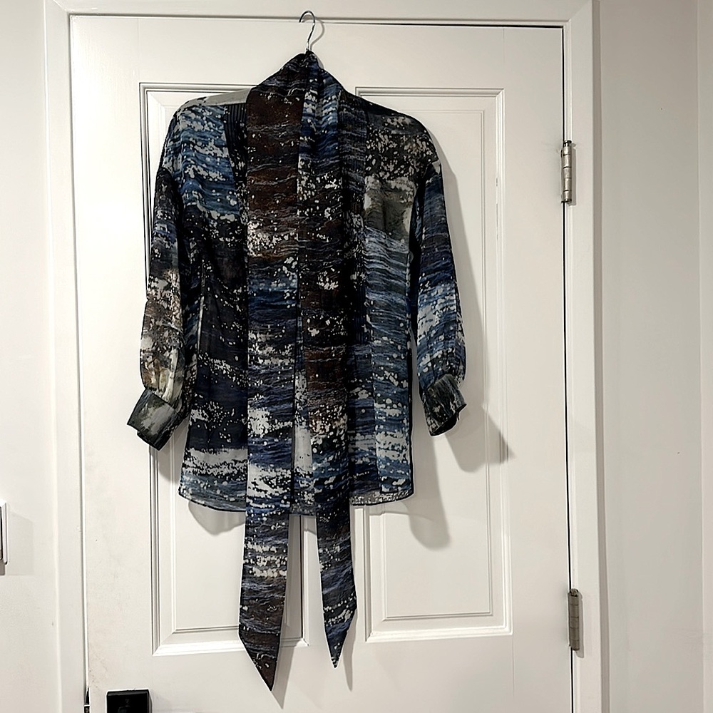 Ted Baker Blouse, Tie Neck, Elegant Silky, Blue Tie dye style